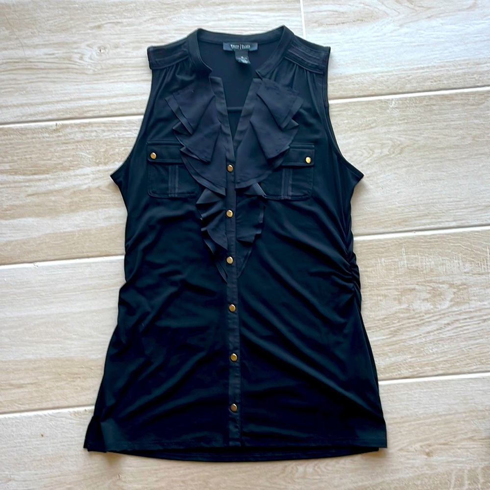 White House/Black Market Black sleeveless ruffle front top.